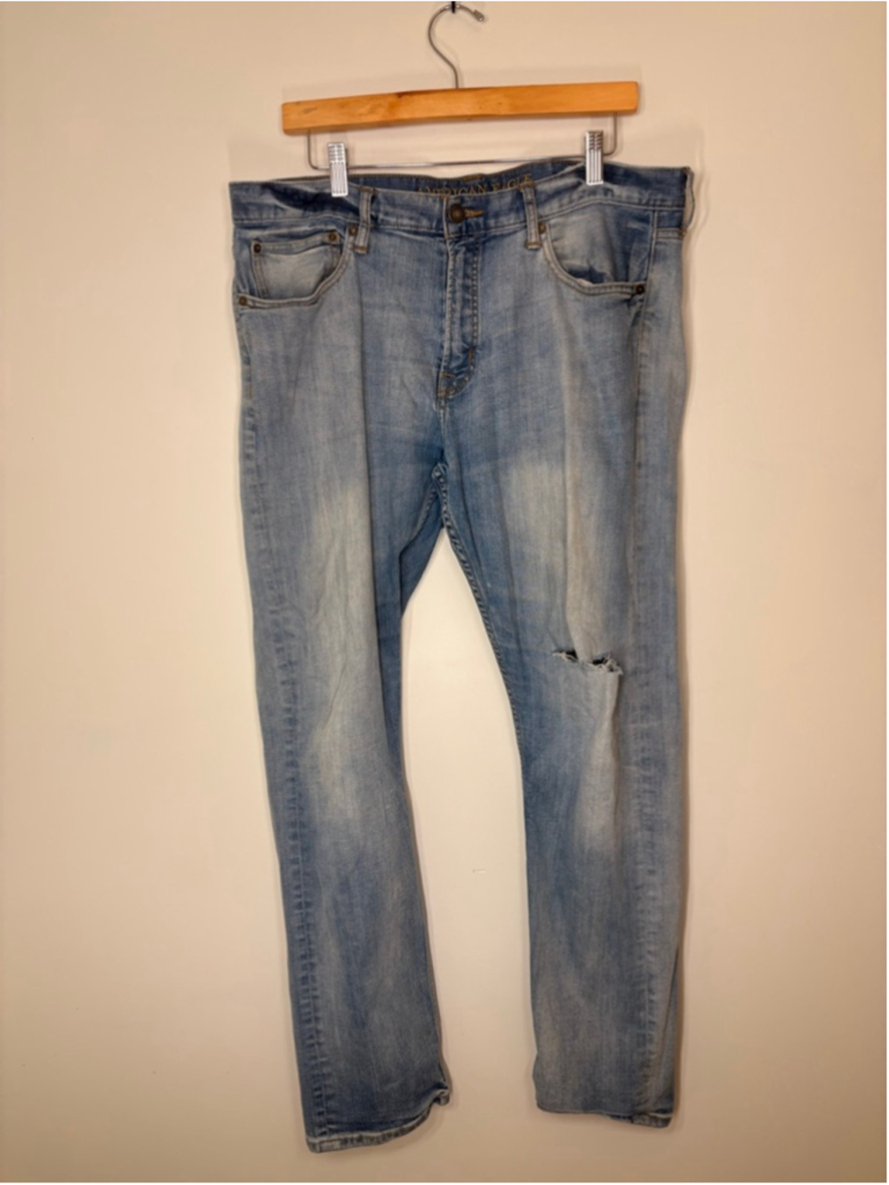 American Eagle Core Flex Jean Men 36x32 Straight Light Wash Distressed Denim Y2K